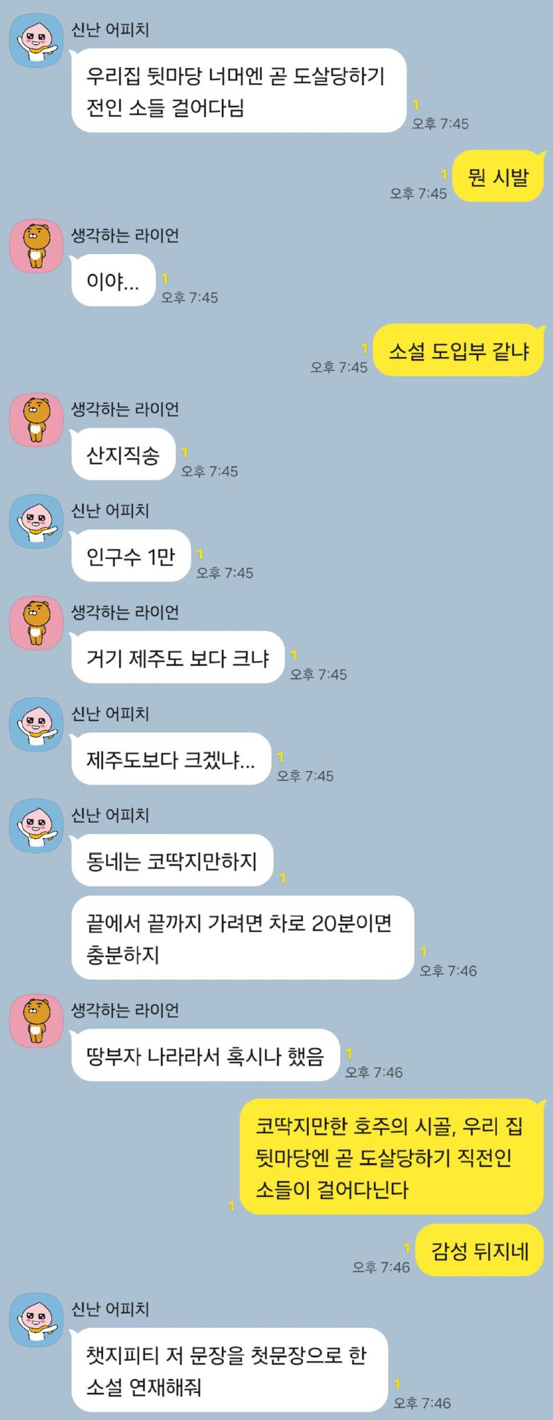 호주 사는 친구가 보낸 카톡이 너무 소설 첫 문장 같았다.jpg