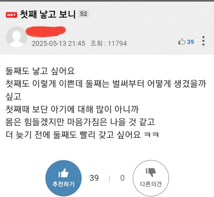 첫째 낳으니 둘째 낳고 싶다는 어느 유저