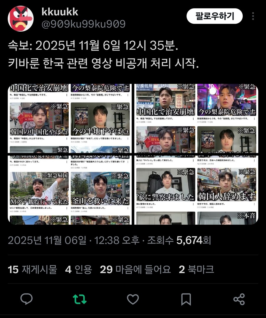 다른 대형 혐한 유투버 영상 비공개 처리 시작