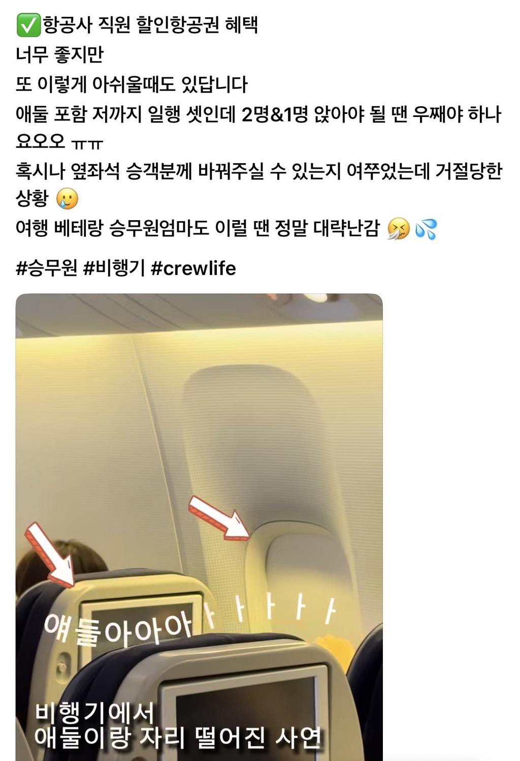 자리 안 바꿔준 승객 저격글 올린 대한항공 승무원