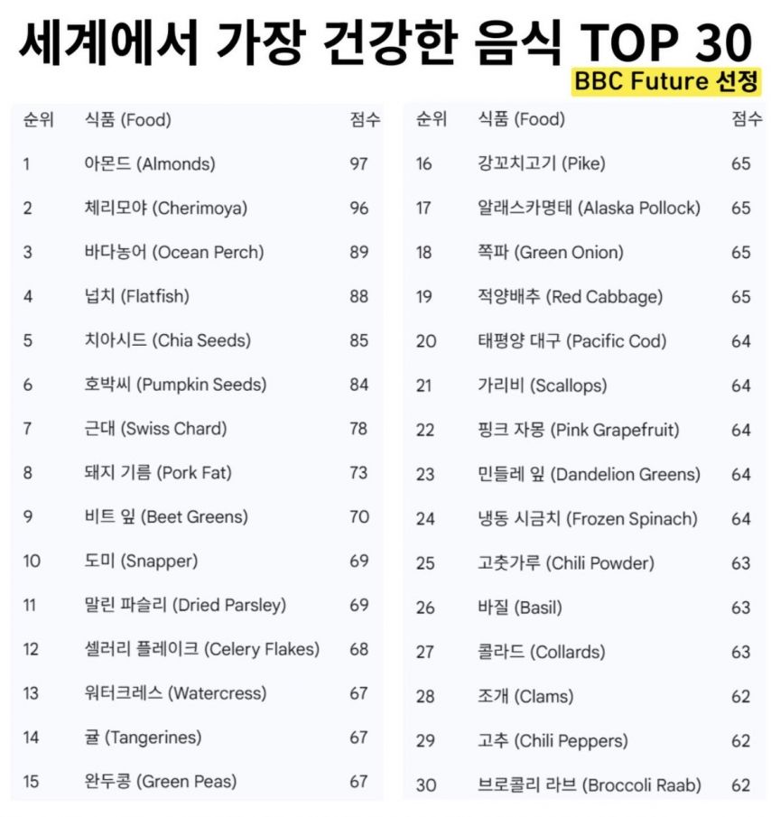BBC 세계에서 가장 건강한 식품 top30