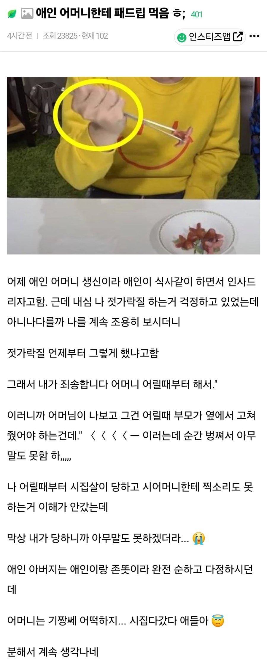 시어머니가 젓가락 지적질했다고 불편하다는 여자