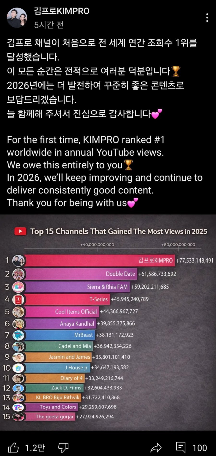 전세계 유튜브 연간 뷰 1위는 한국인 채널.JPG