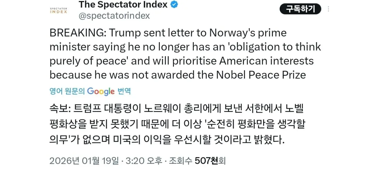 트럼프 '노벨평화상을 안줬으니 평화를 생각할 의무가 없다'