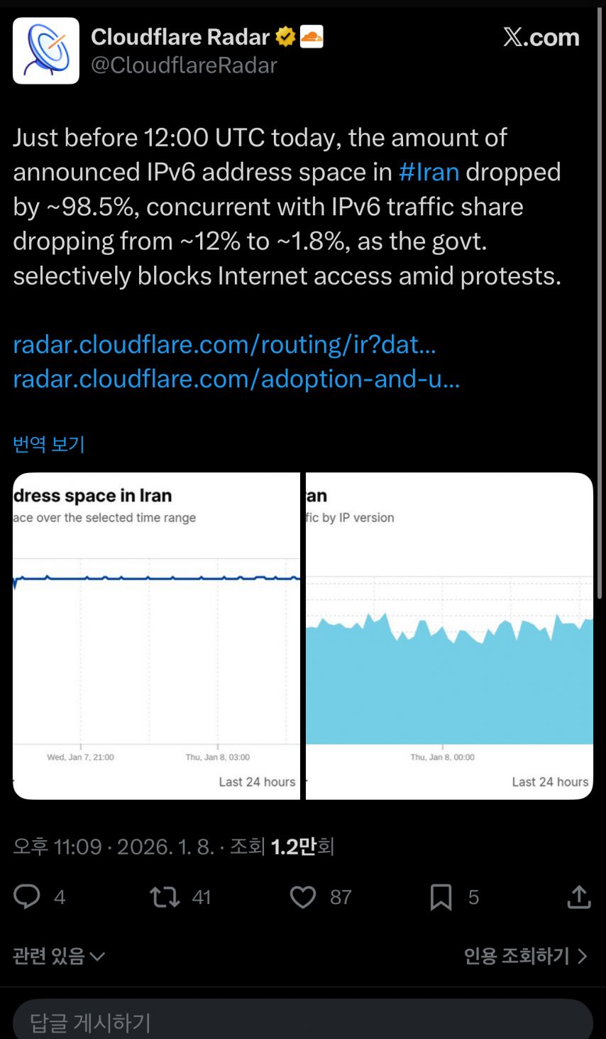 이란 지금 인터넷 연결 전부 차단되었습니다
