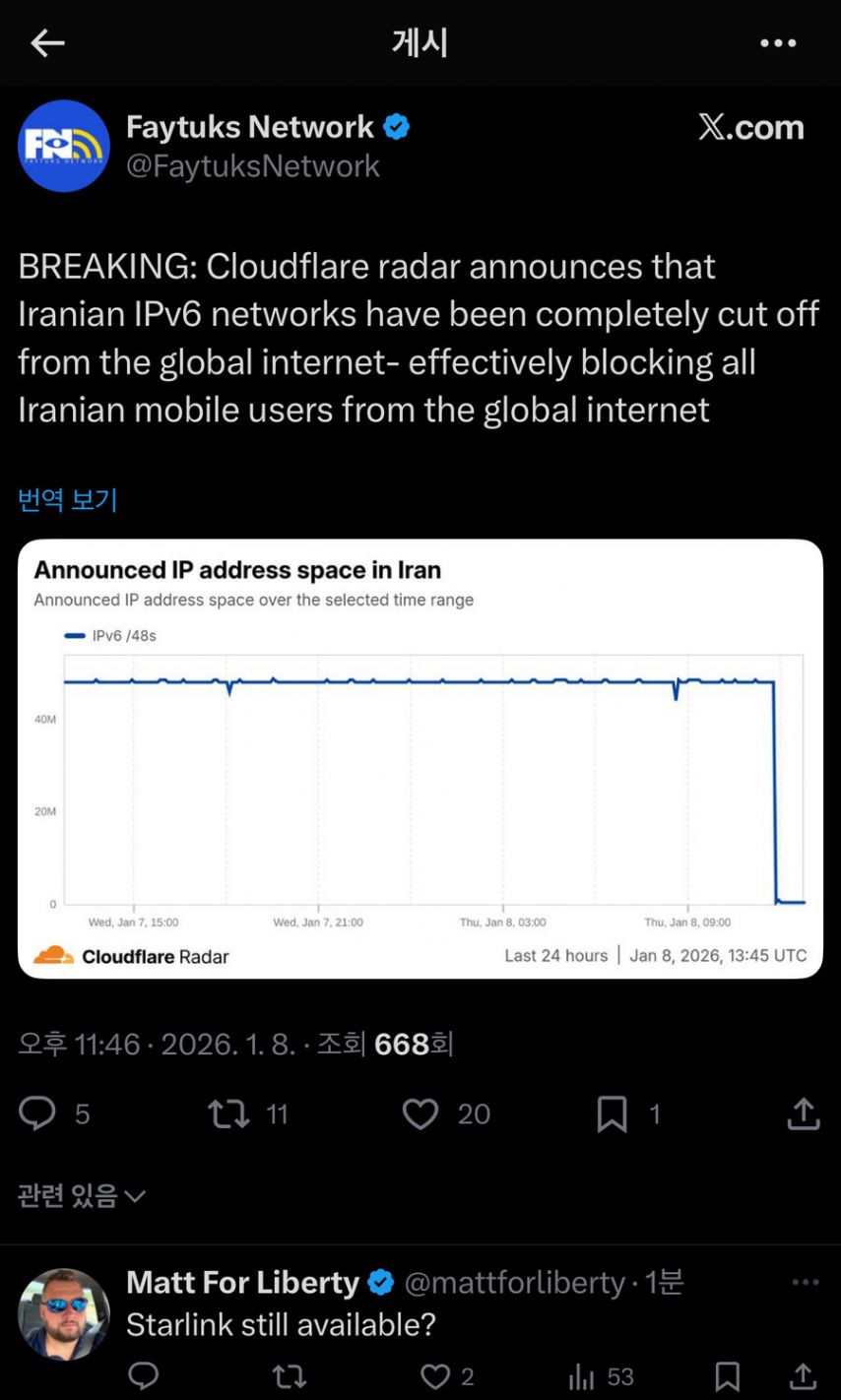 이란 지금 인터넷 연결 전부 차단되었습니다