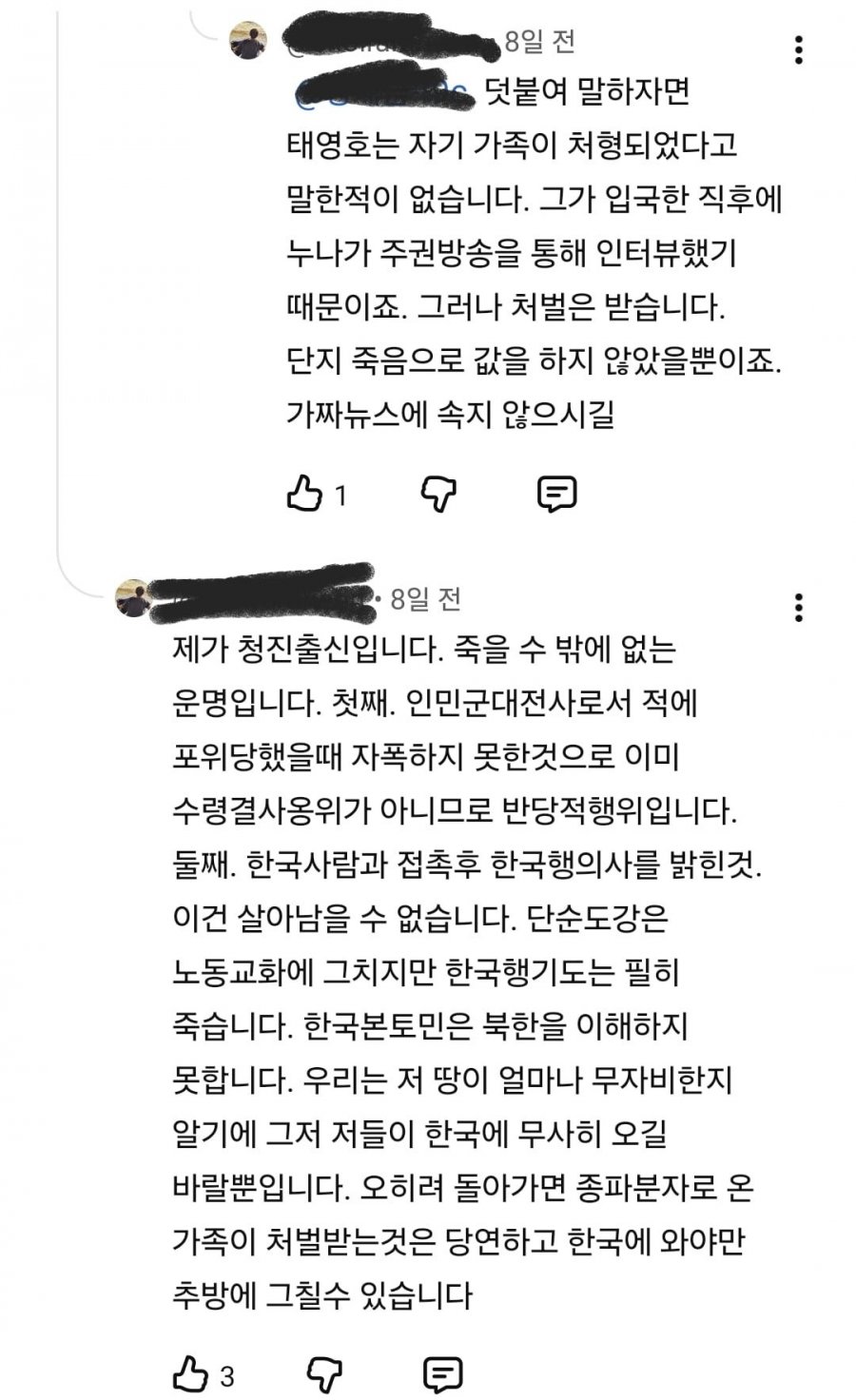 탈북민이 유튜브에 남긴 댓글