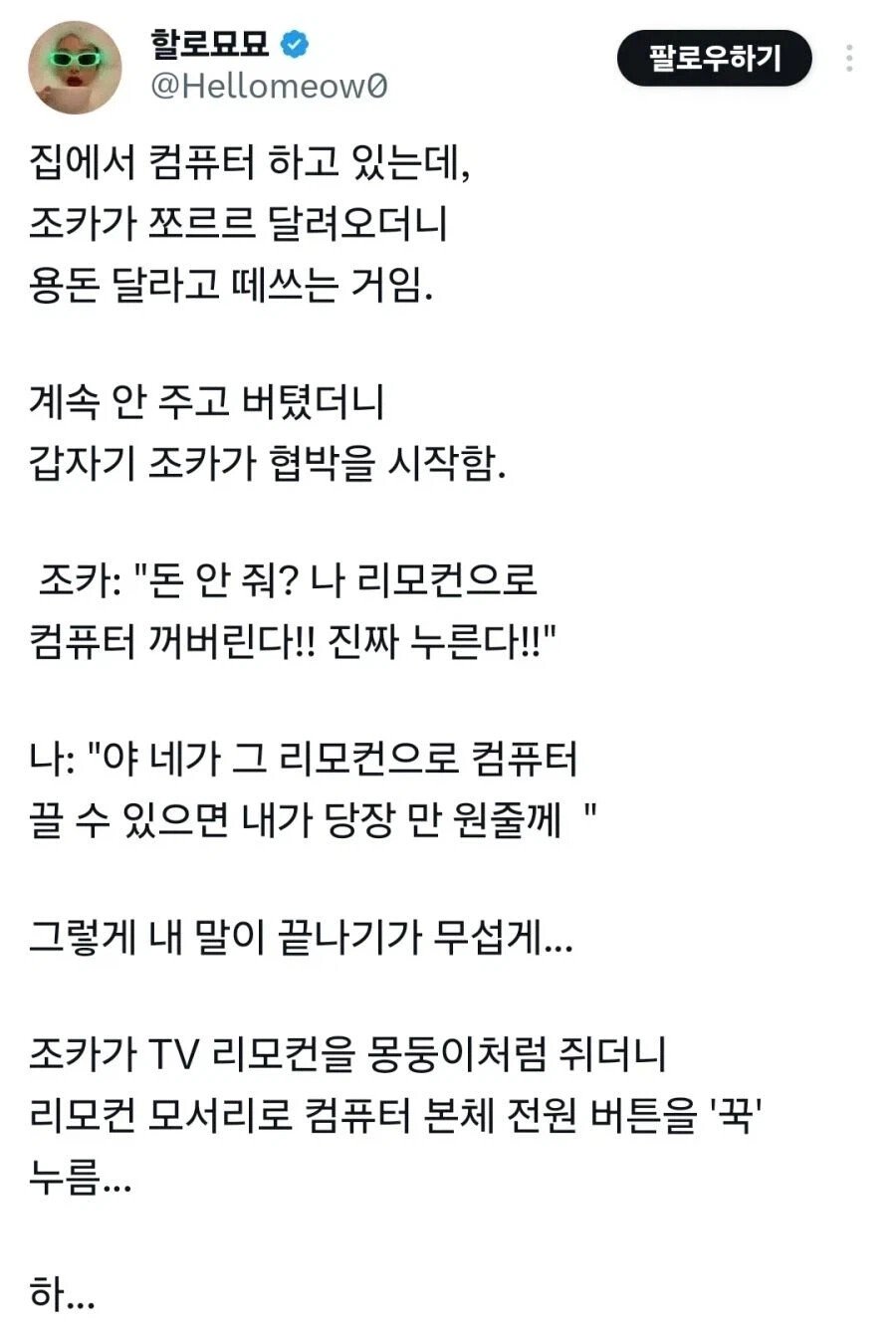 용돈 안주면 컴퓨터 끈다고 협박하는 조카