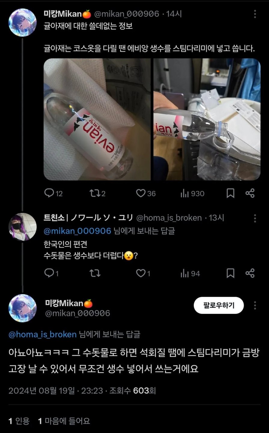 스팀다리미에　에비앙넣어 쓴다는 사람.jpg