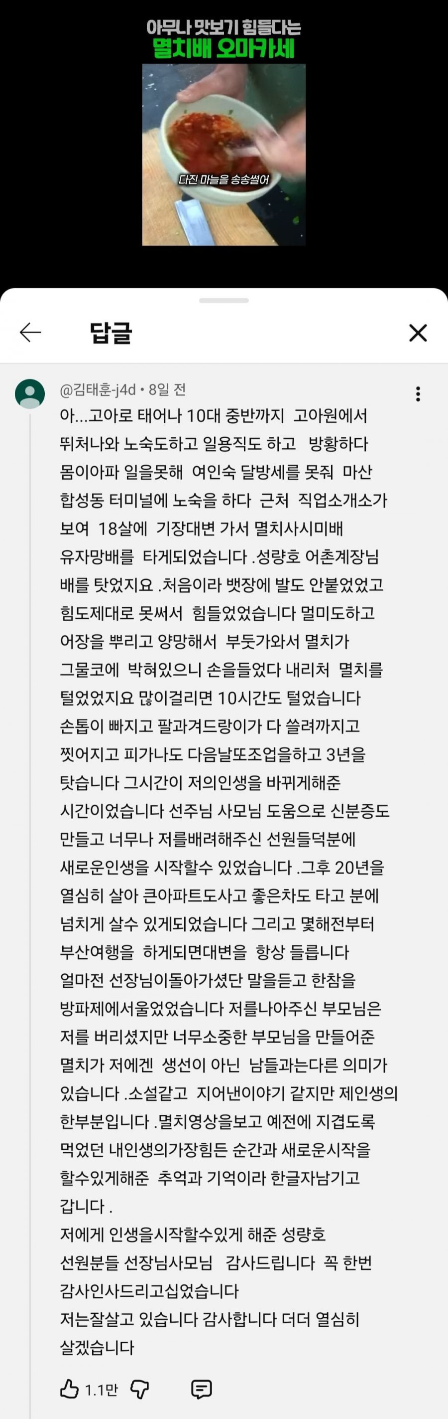 멸치잡이 유튜브에 달린 눈물나는 댓글.jpg